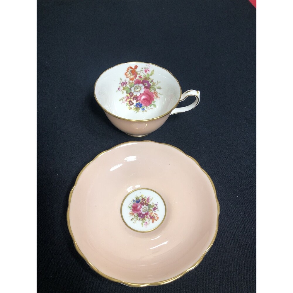 Vintage Hammersley Bone China Peach Cup & Saucer W/ Floral Pattern Signed Howard